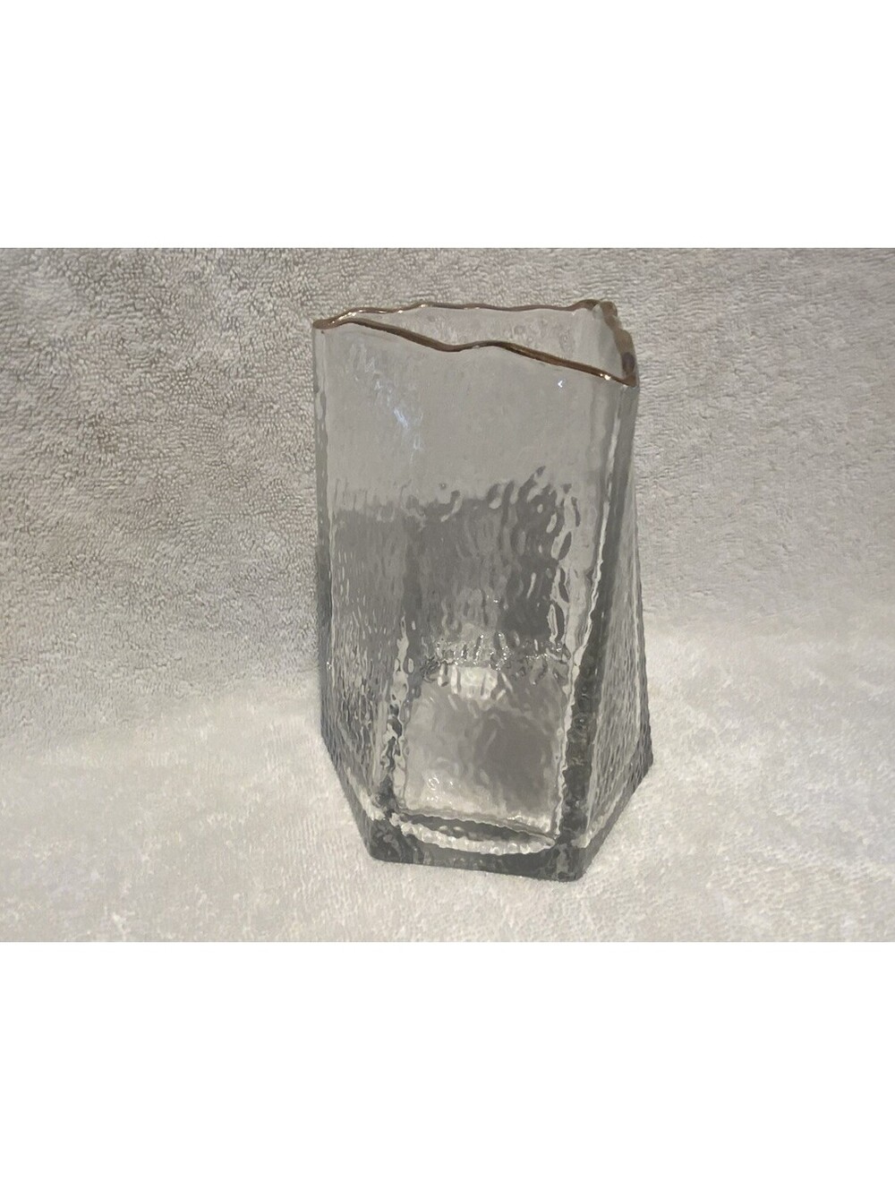 Art Glass Triangular 6.25”H Heavy Textured Asymetrical Vase with Gold Rim